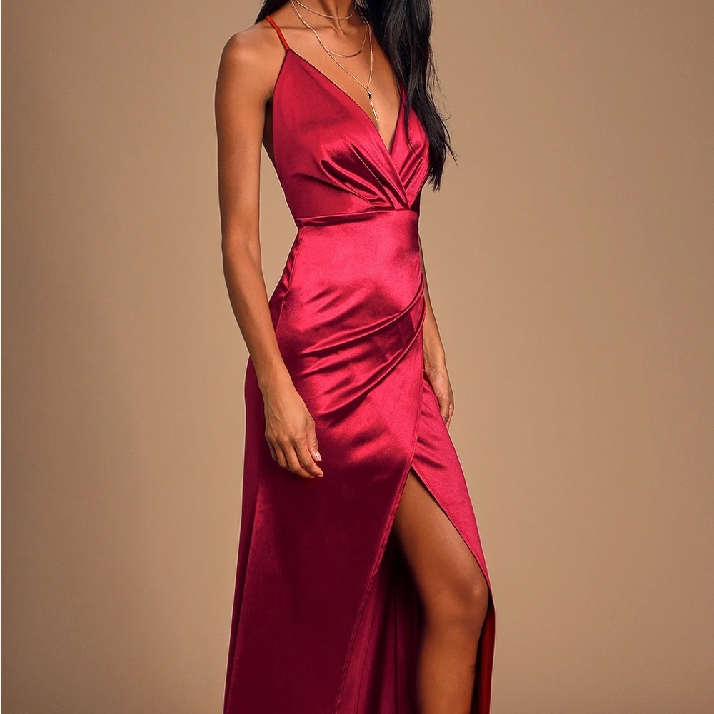 BRAND NEW Lulu’s Deep Red Plunge Drape Slit Dress with Adjustable Straps
